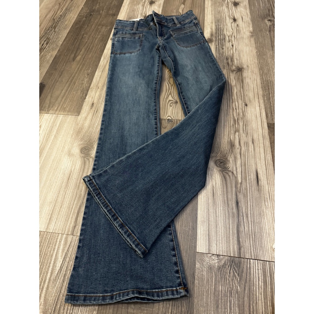 NWT Garage Denim Low Rise Flare Jeans Medium Wash Blue 03/26 Front Patch Pockets
